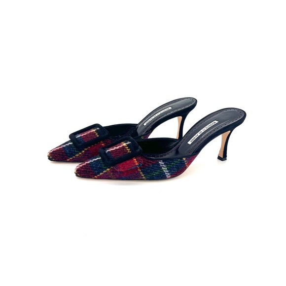 Manolo Blahnik Shoes - Manolo Blahnik Maysale Plaid Tweed Slip On Kitten Heel Mules 39.5